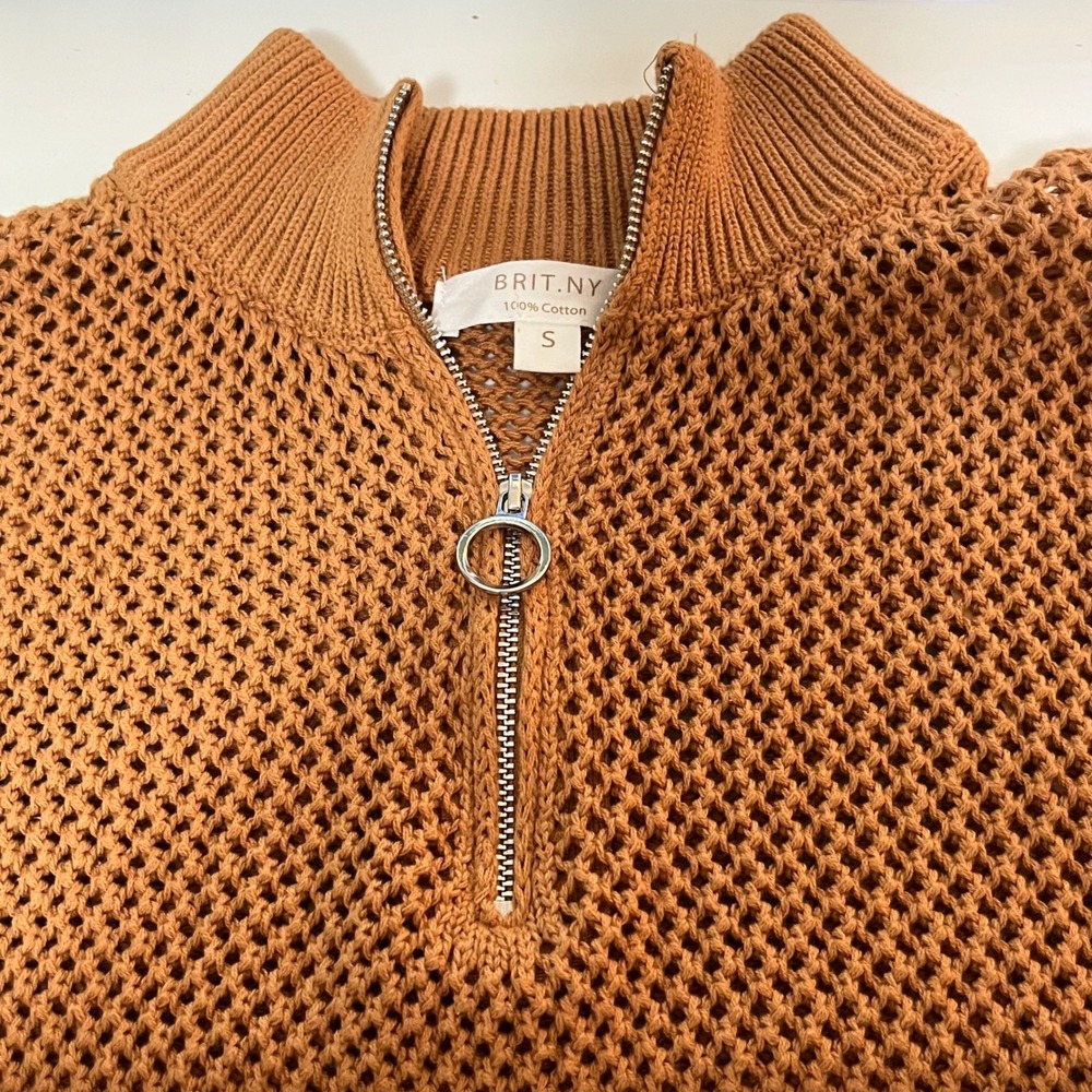 BRIT.NY Open Knit Quarter Knit Vest Sz S Rust Orange 100% Cotton Boho Minimalist